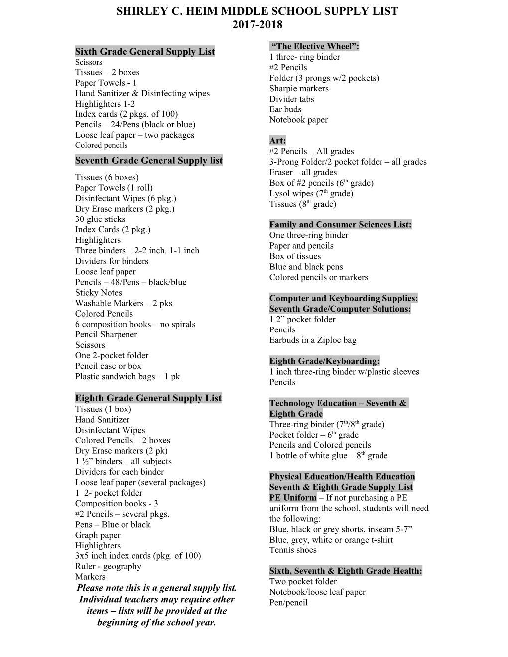 Sixth Grade General Supply List