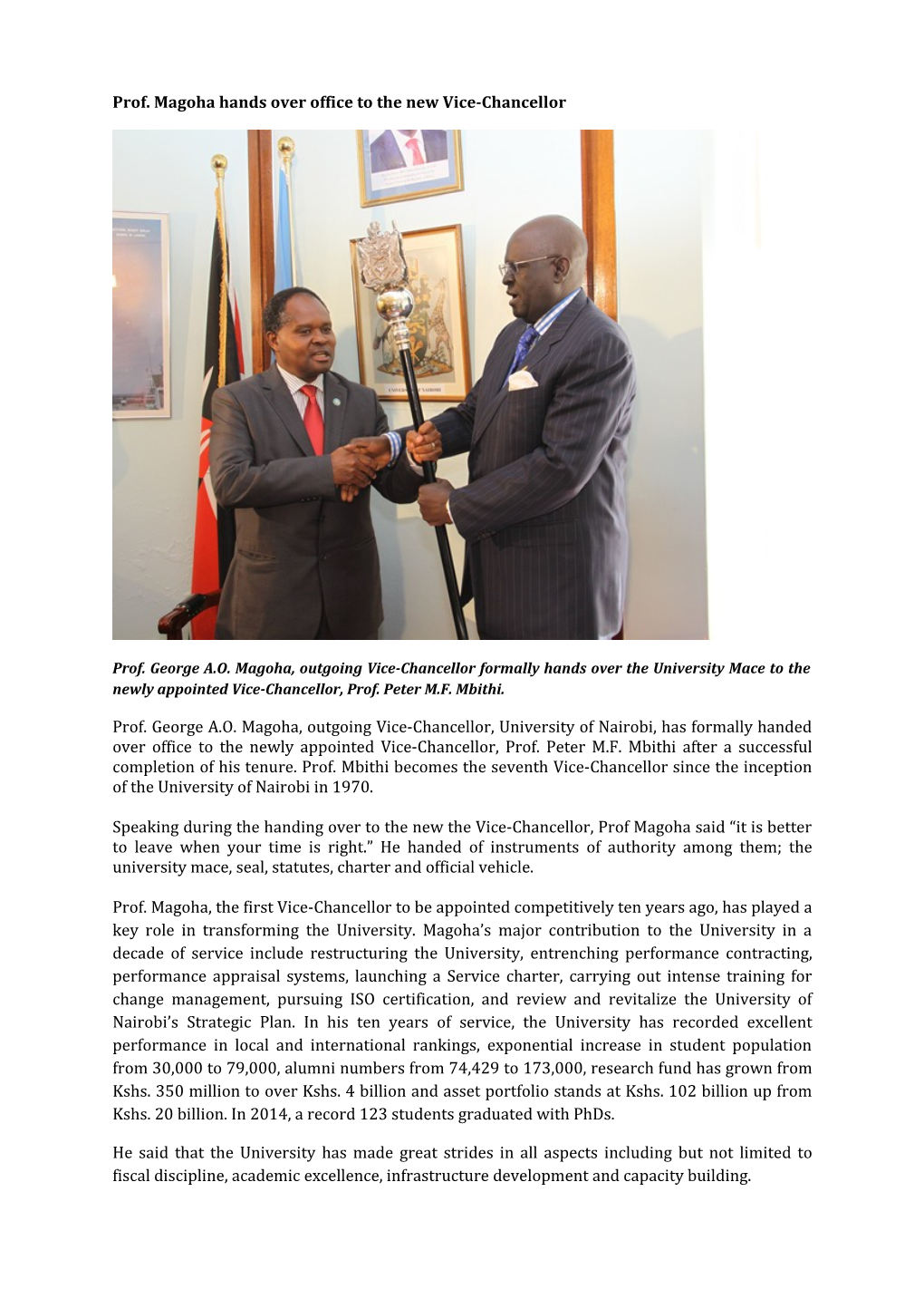 Prof. Magoha Hands Over Office to the New Vice-Chancellor