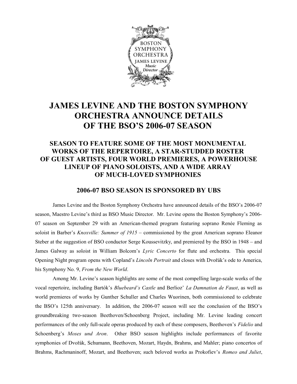 James Levine and the Boston Symphony Orchestra Announce Details