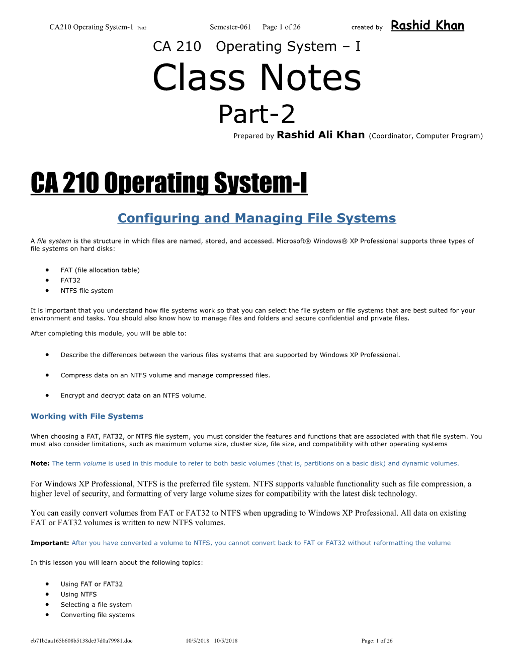 CA 210 Operating System I