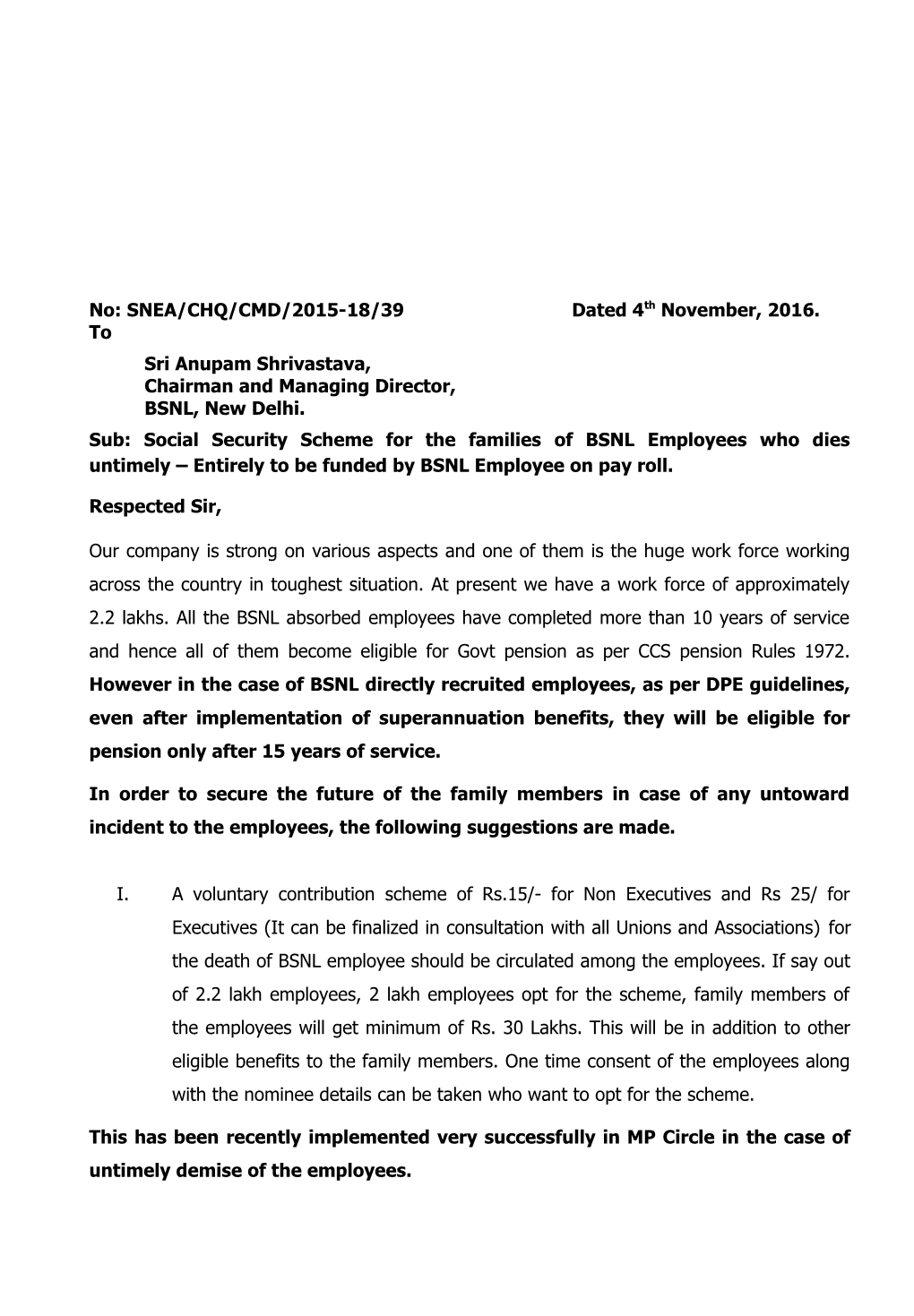 No: SNEA/CHQ/CMD/2015-18/39 Dated 4Thnovember, 2016