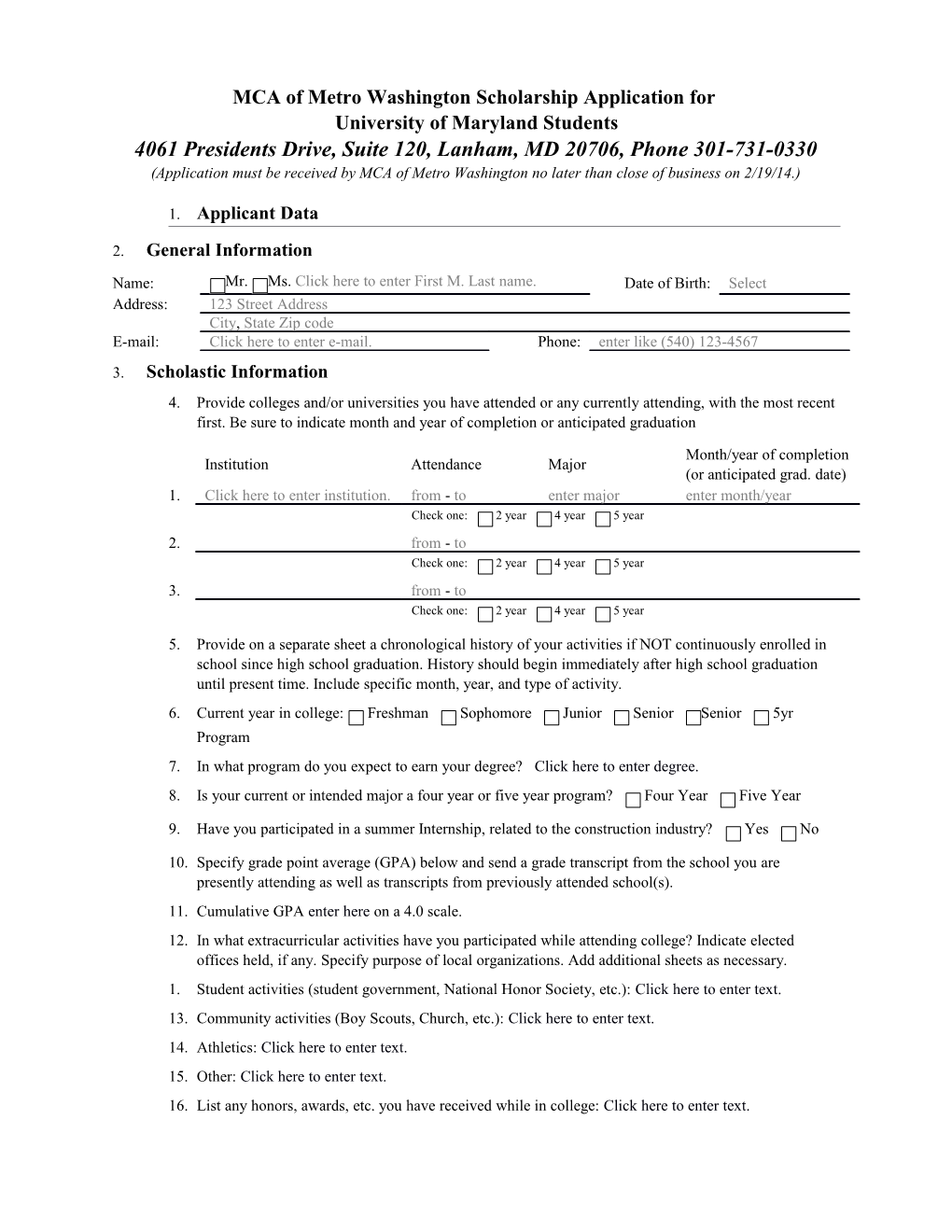 MCA of Metro Washington Scholarship Application For