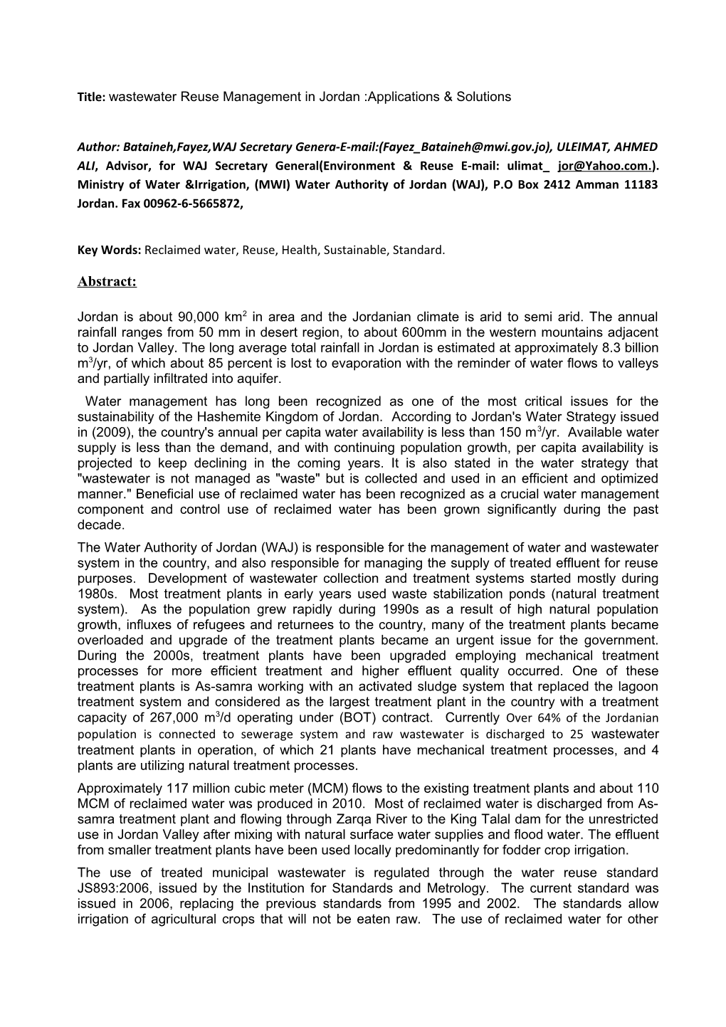 Title: Wastewater Reuse Management in Jordan