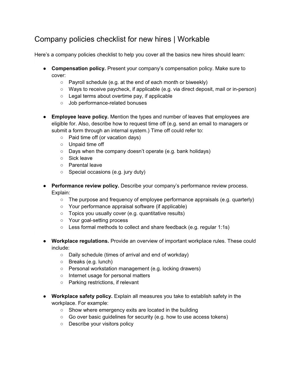 Company Policies Checklist for New Hires Workable
