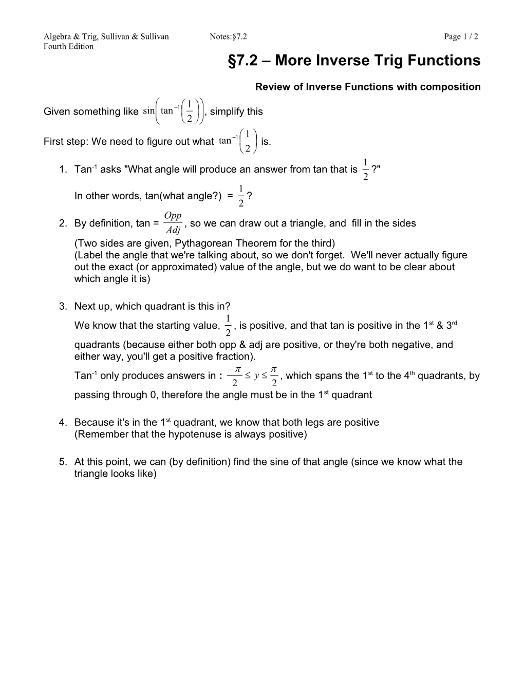 7.2 More Inverse Trig Functions