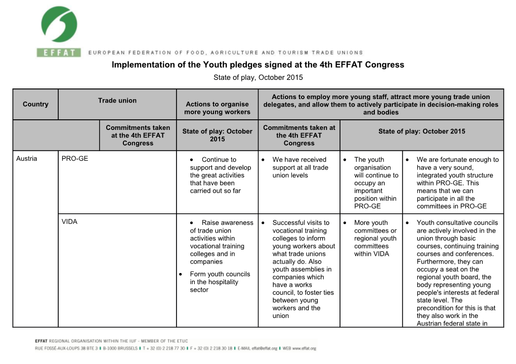 Implementation of the Youth Pledges Signed at the 4Th EFFAT Congress