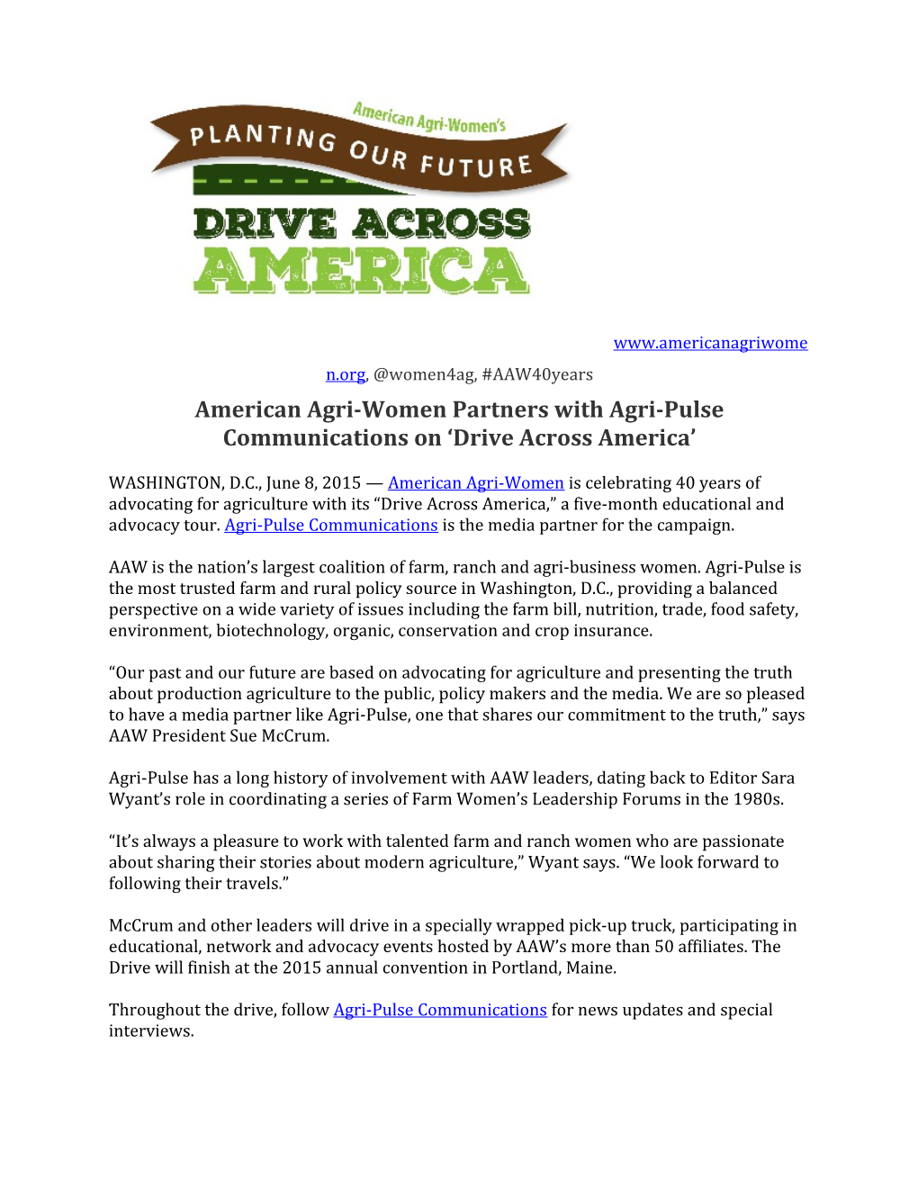 American Agri-Women Partners with Agri-Pulse Communications on Drive Across America