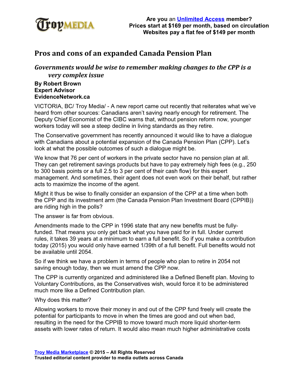 Pros and Cons of an Expanded Canada Pension Plan