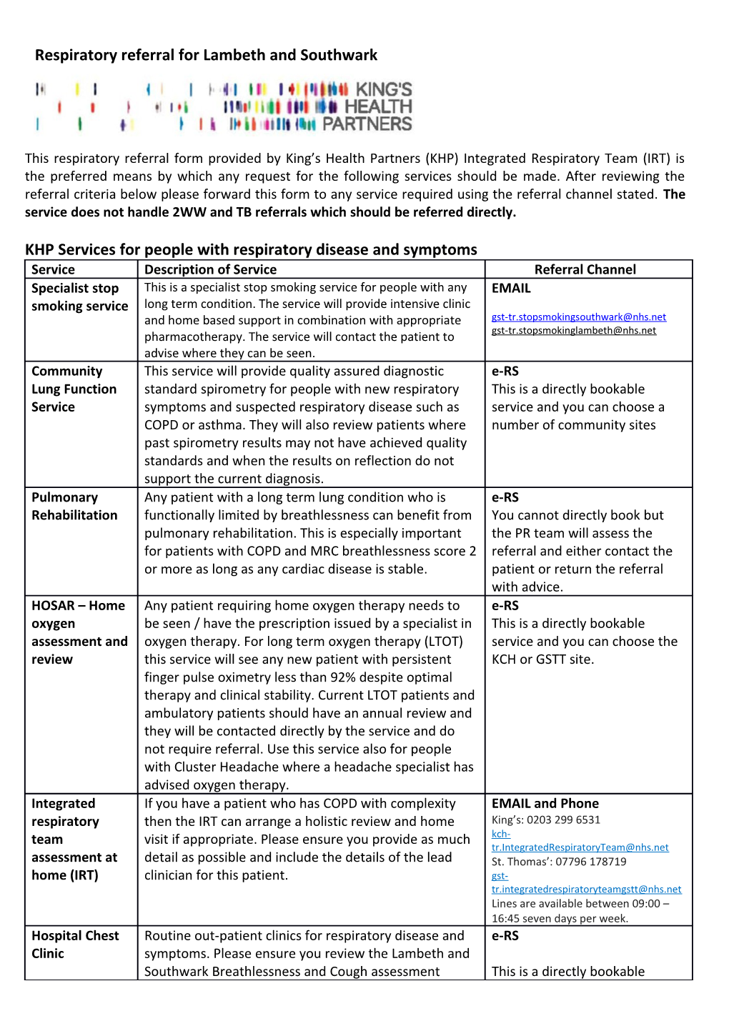 KHP Services for People with Respiratory Disease and Symptoms