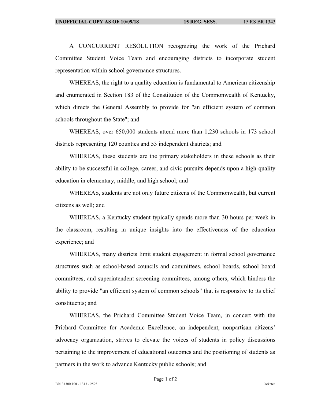 A CONCURRENT RESOLUTION Recognizing the Work of the Prichard Committee Student Voice Team