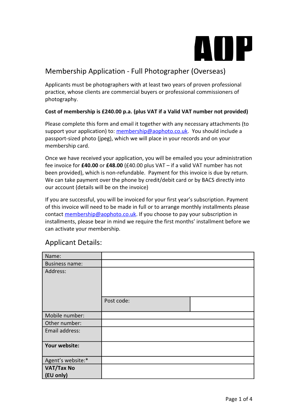 Membership Application -Full Photographer (Overseas)