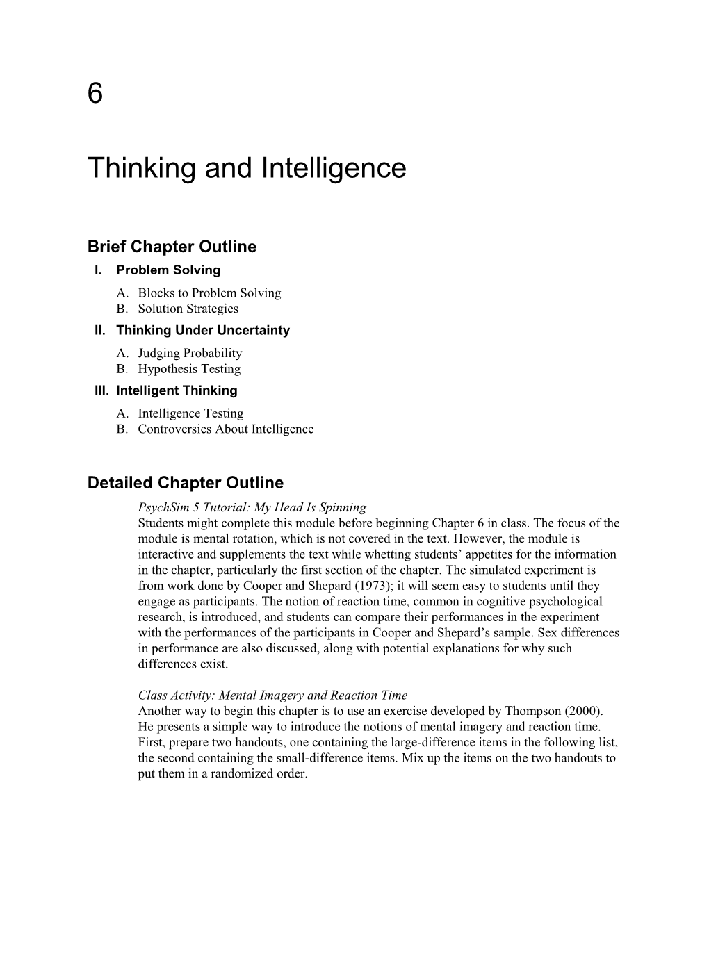 Brief Chapter Outline