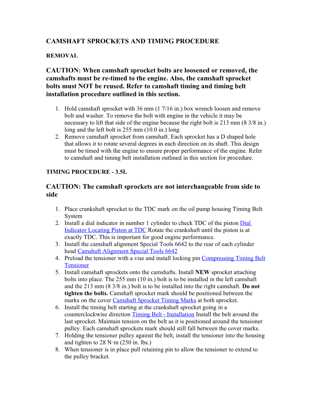 Camshaft Sprockets and Timing Procedure