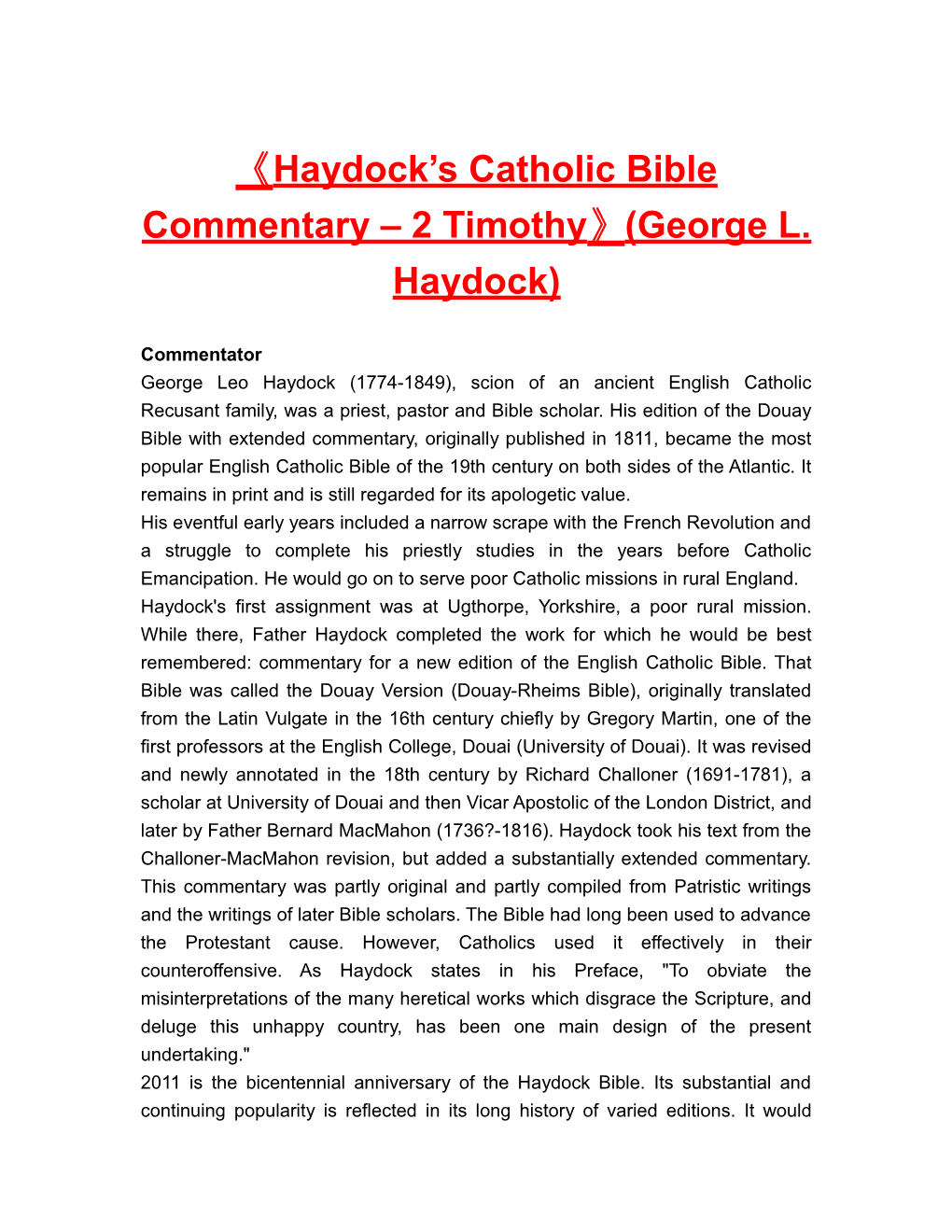 Haydock Scatholic Bible Commentary 2 Timothy (George L. Haydock)