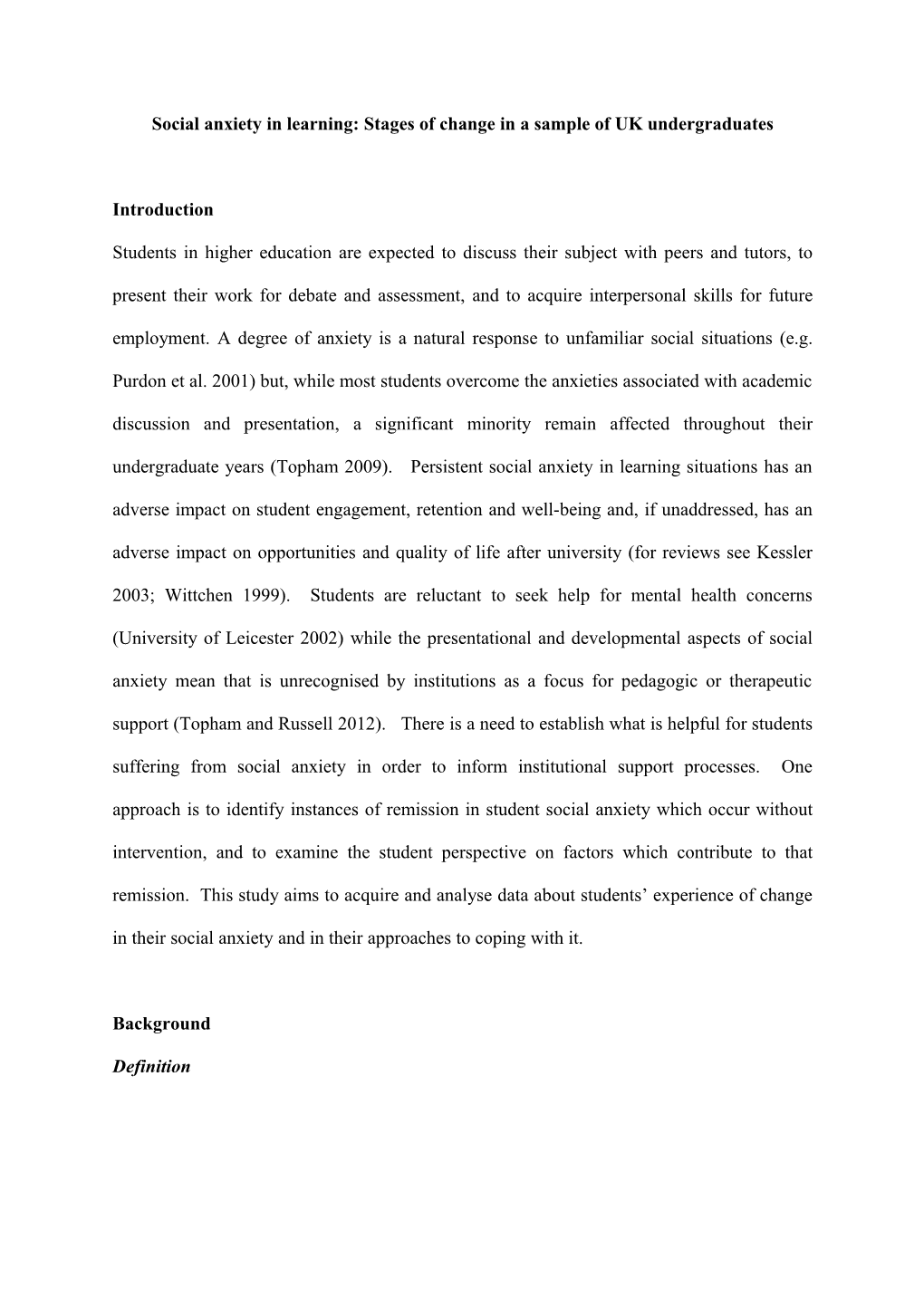 Social Anxiety in Learning: Stages of Change in a Sample of UK Undergraduates