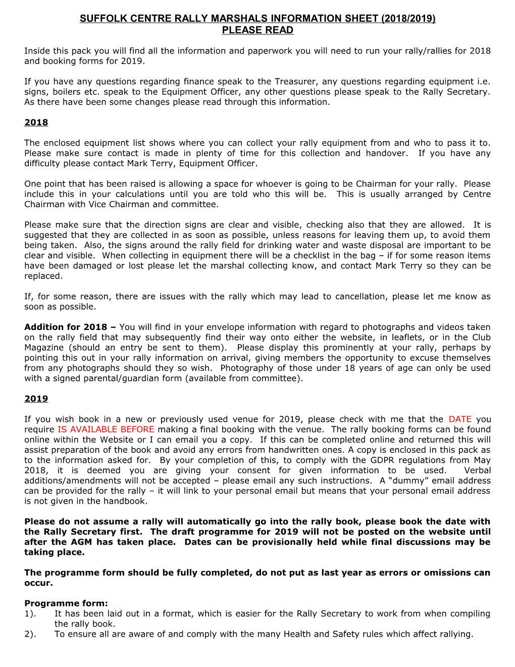 Rally Marshals Information Sheet