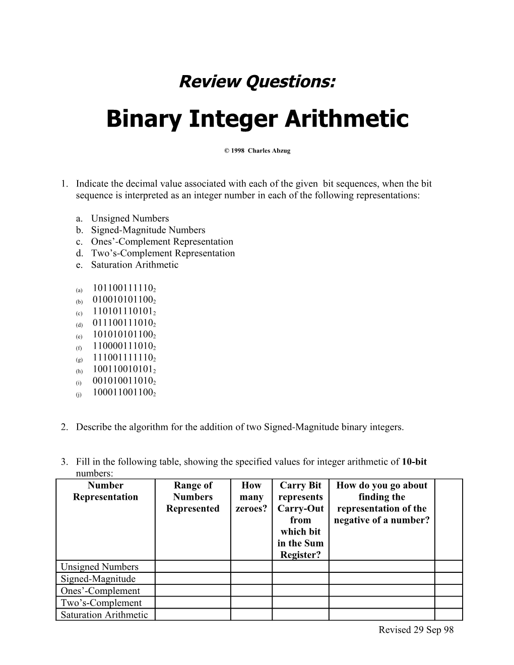 Review Questions: Binary Digital Arithmetic