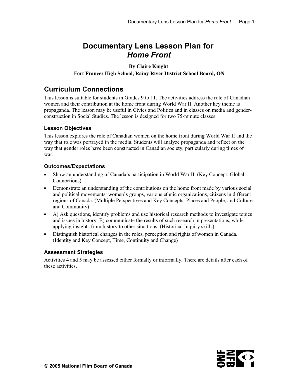 Documentary Lens Lesson Plan for Home Front Page 1