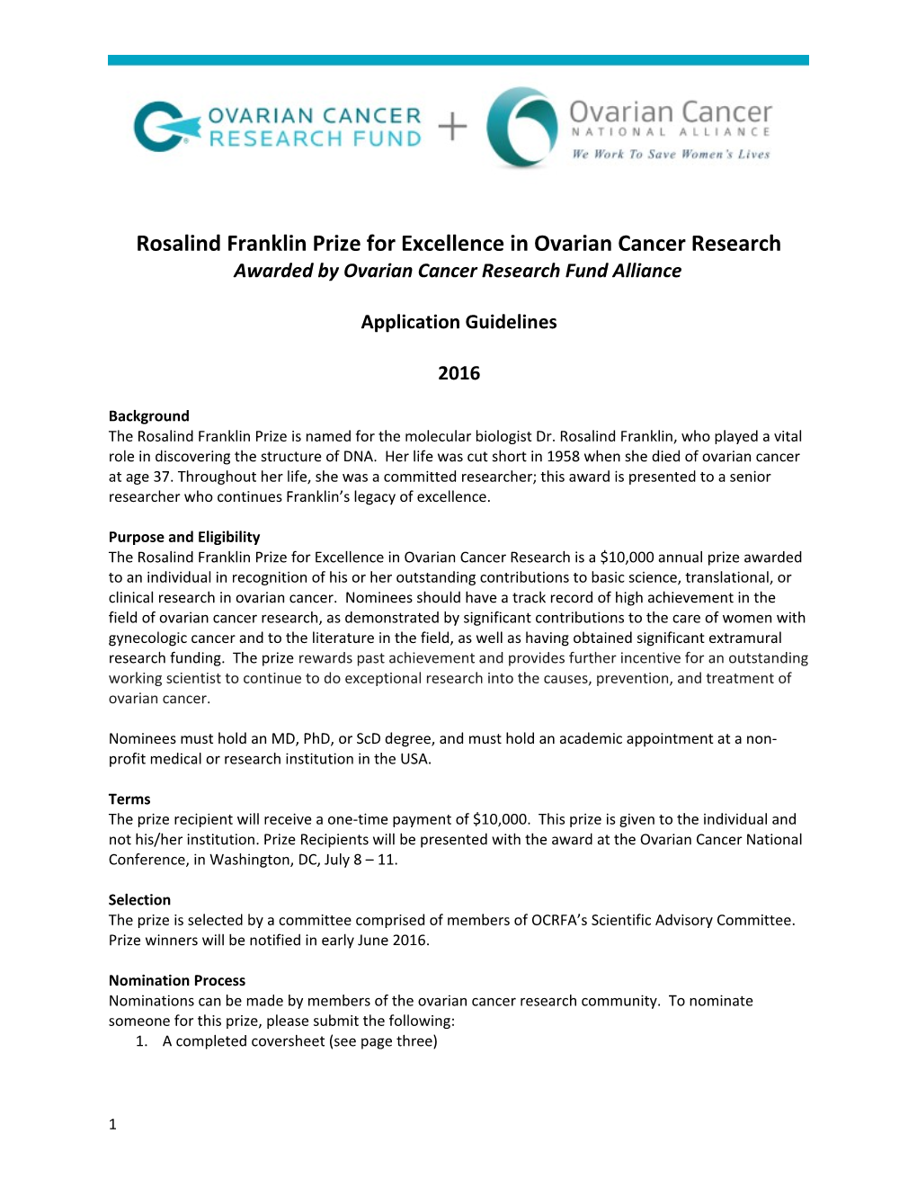 Rosalind Franklin Prize for Excellence in Ovarian Cancer Research