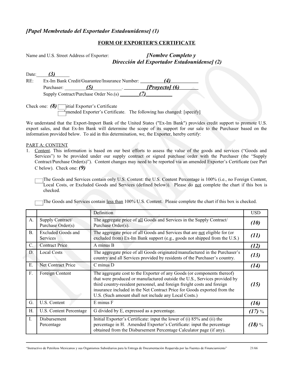 Form of Exporter's Certificate