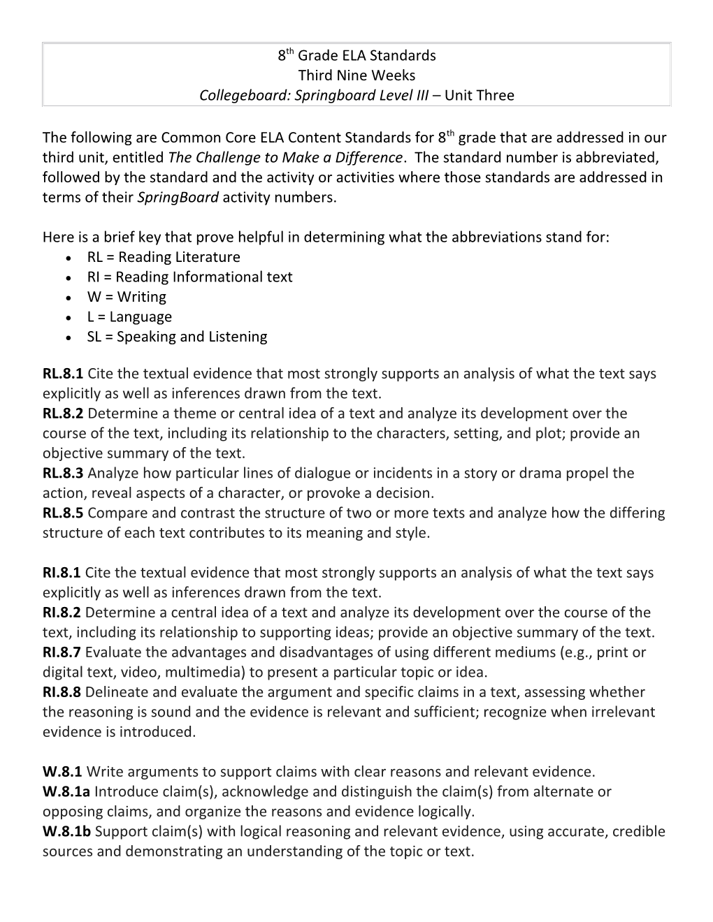 Collegeboard: Springboard Level III Unit Three