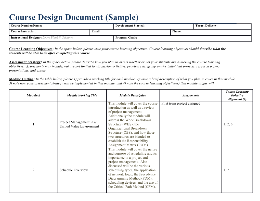 Course Design Document (Sample)