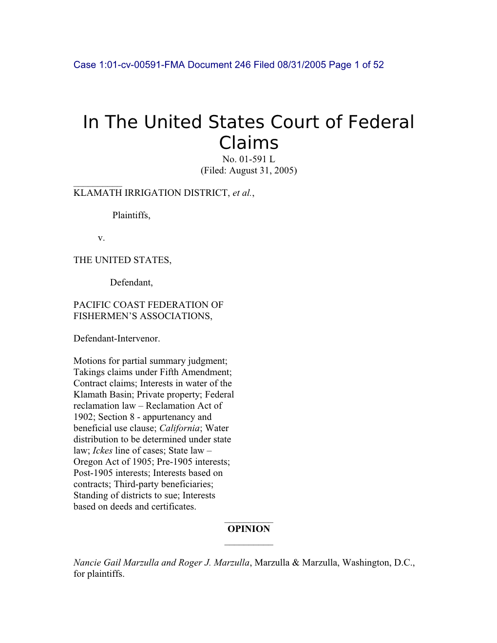 Case 1:01-Cv-00591-FMA Document 246 Filed 08/31/2005 Page 1 of 52