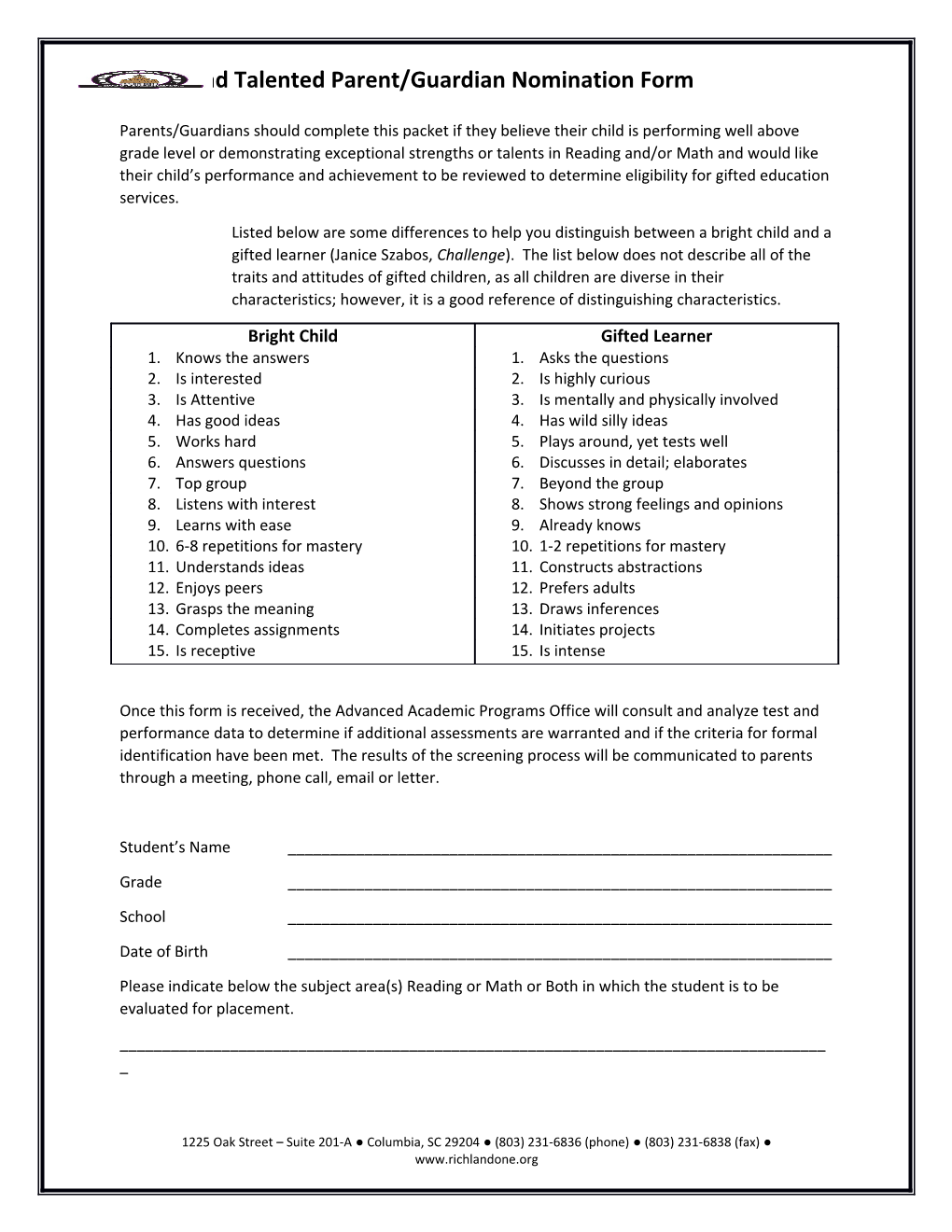 Gifted and Talented Parent/Guardian Nomination Form