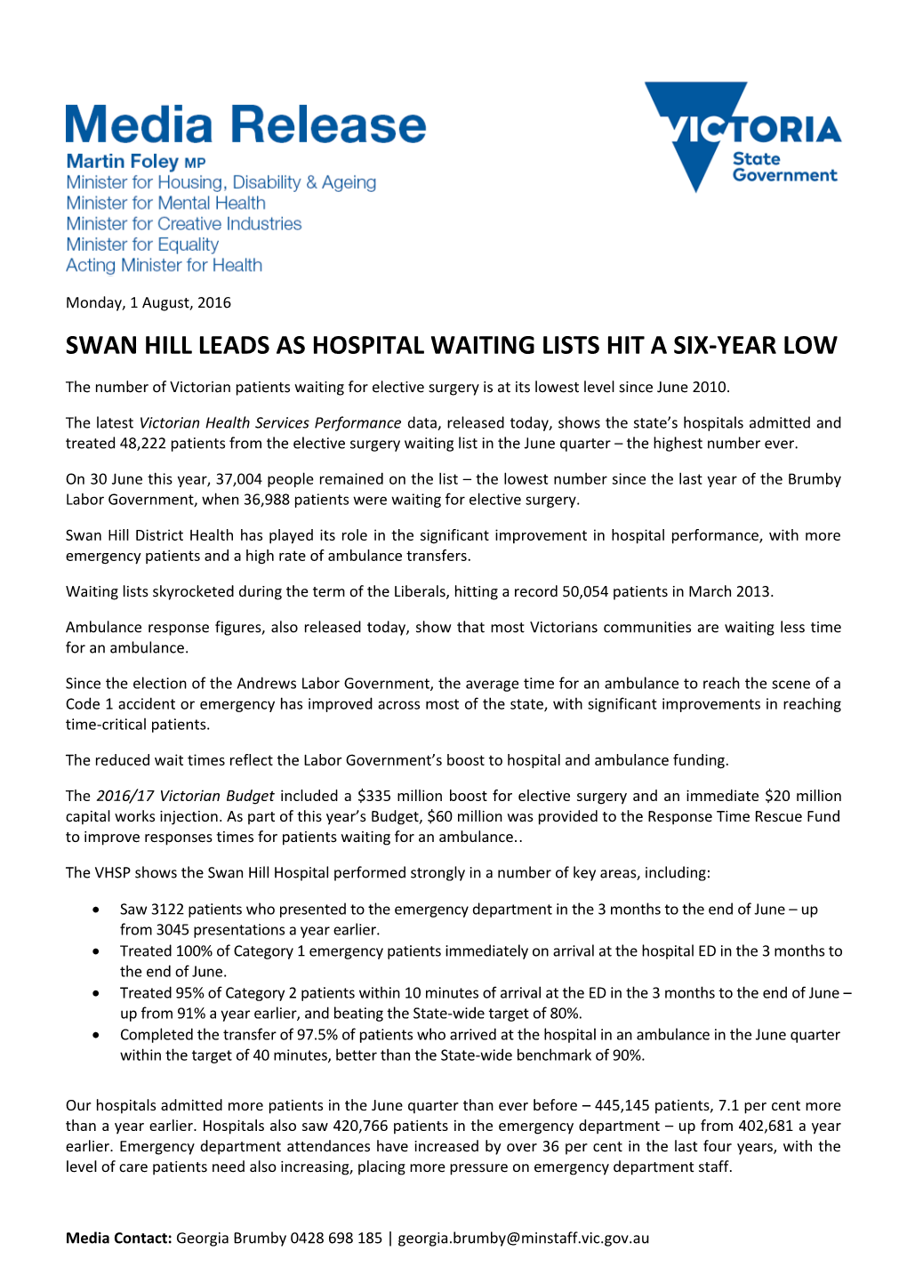 Swan Hill Leads As Hospital Waiting Lists Hit a Six-Year Low