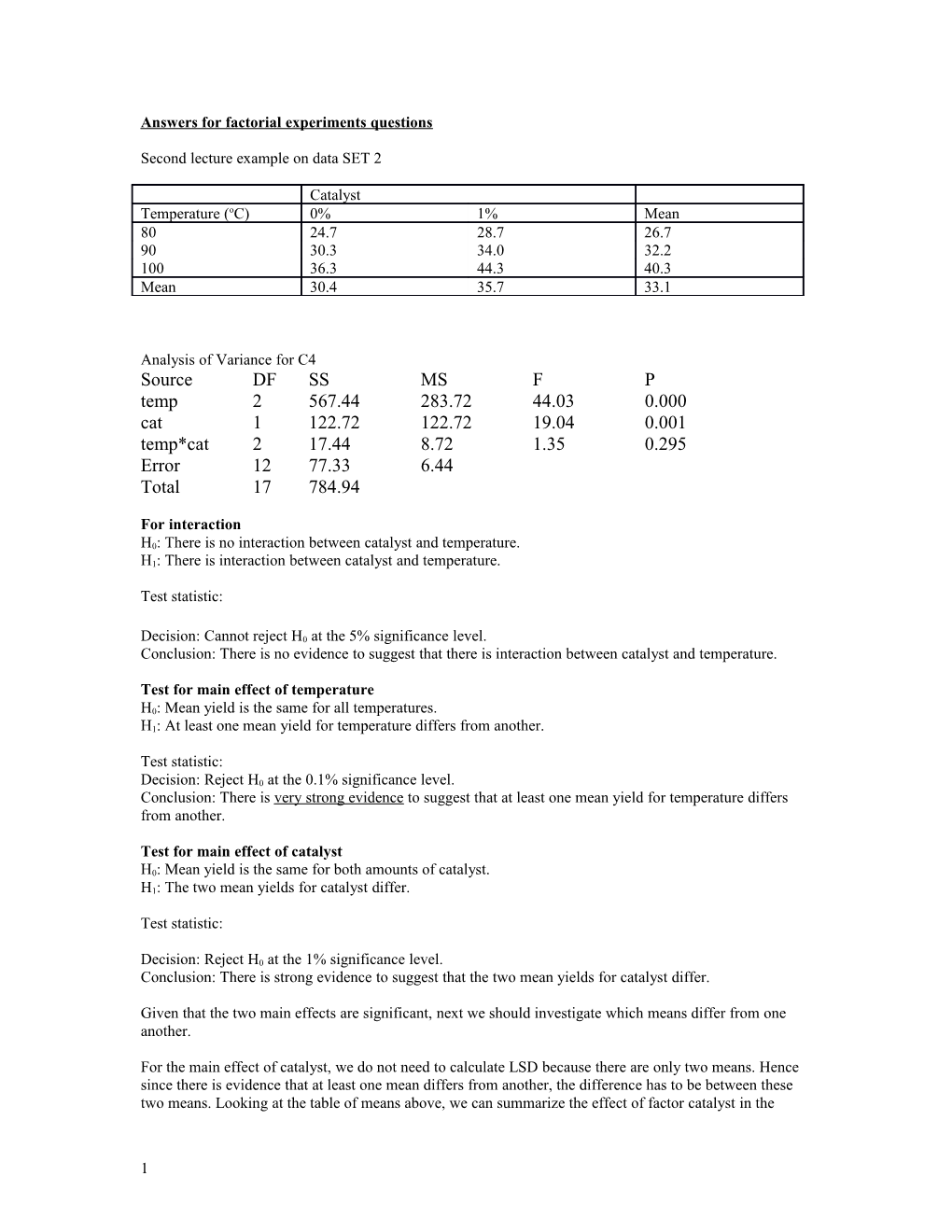 Answers for Factorial Experiments Questions