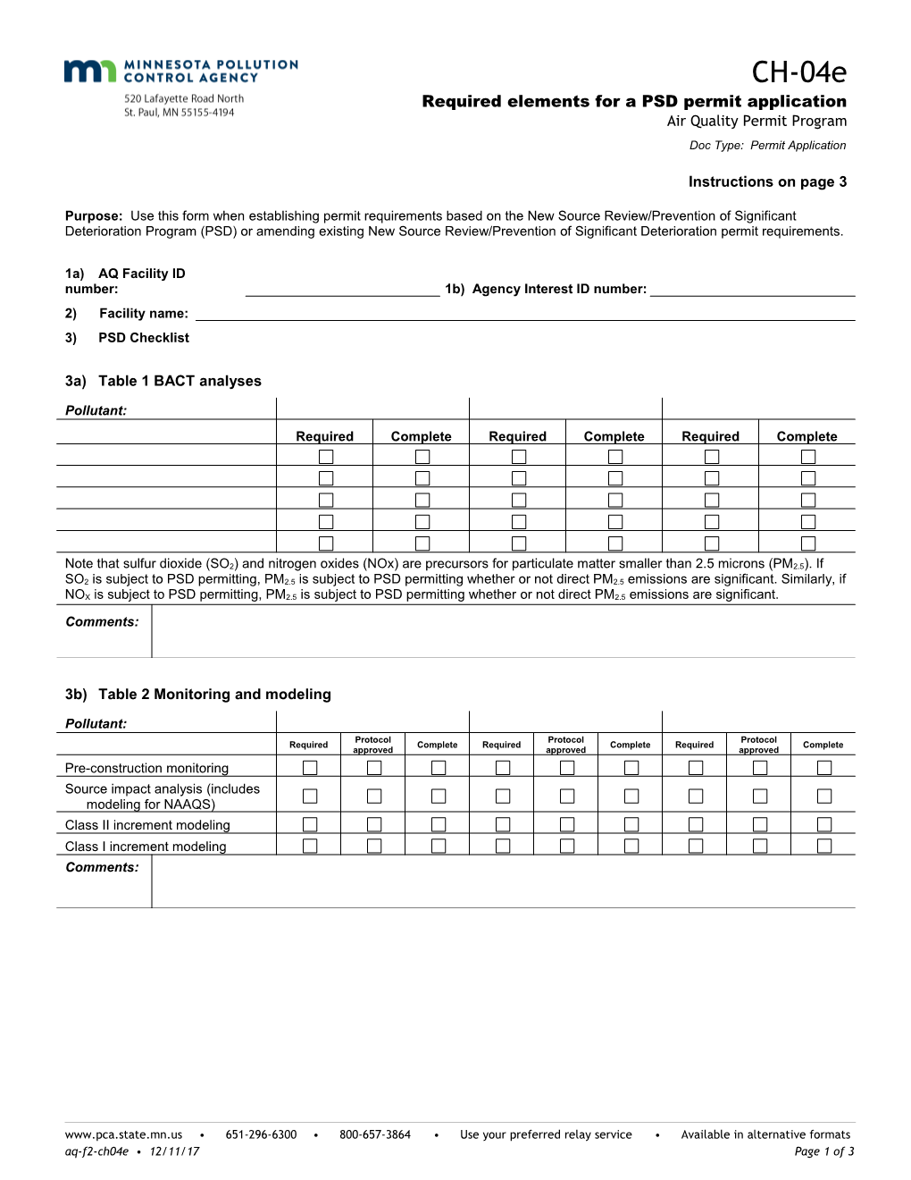 CH-04E Required Elements for a PSD Permit Application, Air Quality Permit Program - Form