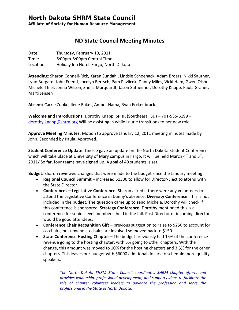 ND State Council Meeting Minutes