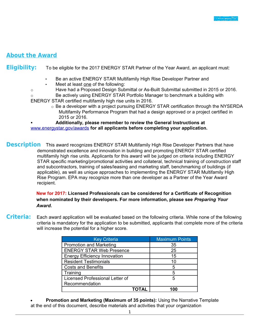 2017 ENERGY STAR Partner of the Year Award Application: Multifamily High Rise Developer