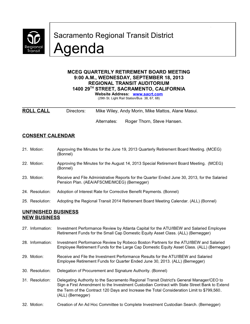 MCEG Quarterly Retirement Board Agenda 09.18.13