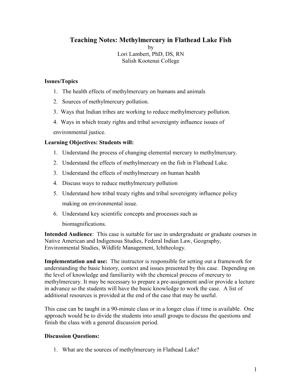 Teaching Notes: Methylercury in Flathead Lake Fish