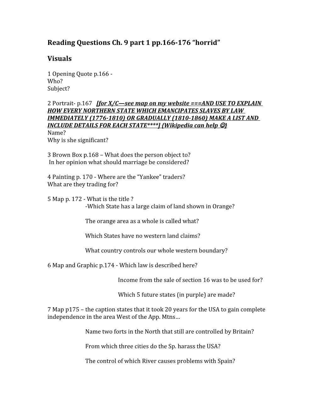 Reading Questions Ch. 9 Part 1 Pp.166-176 Horrid