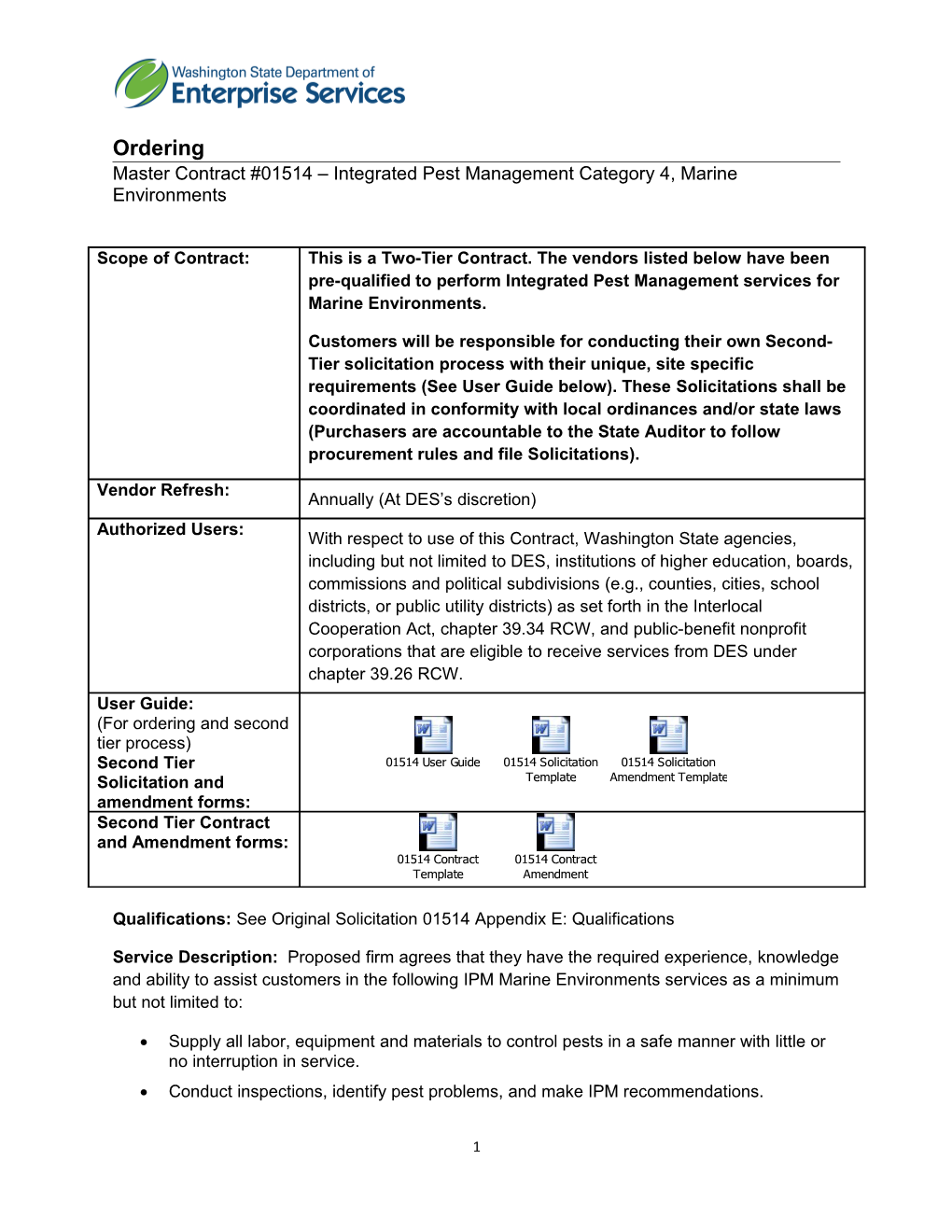 Master Contract #01514 Integrated Pest Management Category 4, Marine Environments