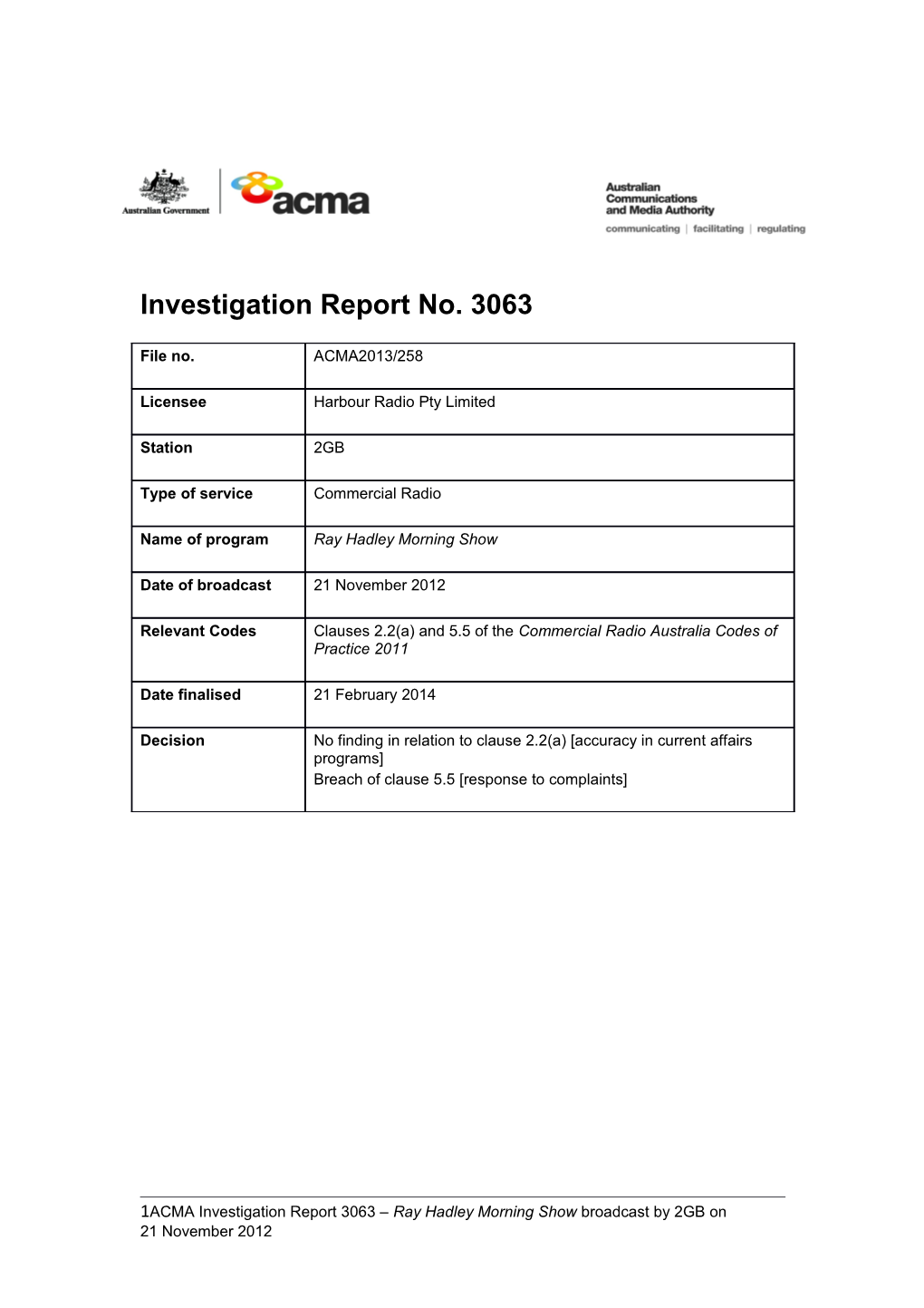 Investigation Report No. 3063