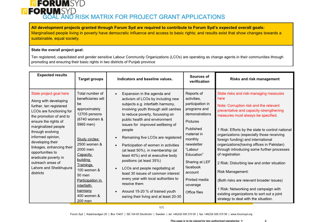 Goal and Result Matrix for Project Grant Application