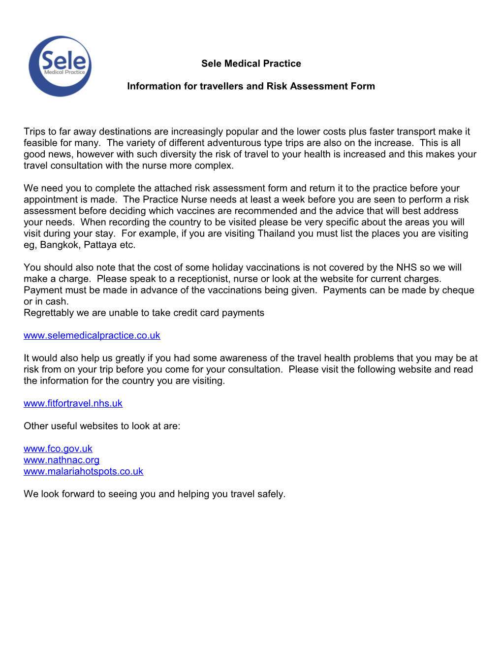 Sele Medical Practice Travel Risk Assessment Form