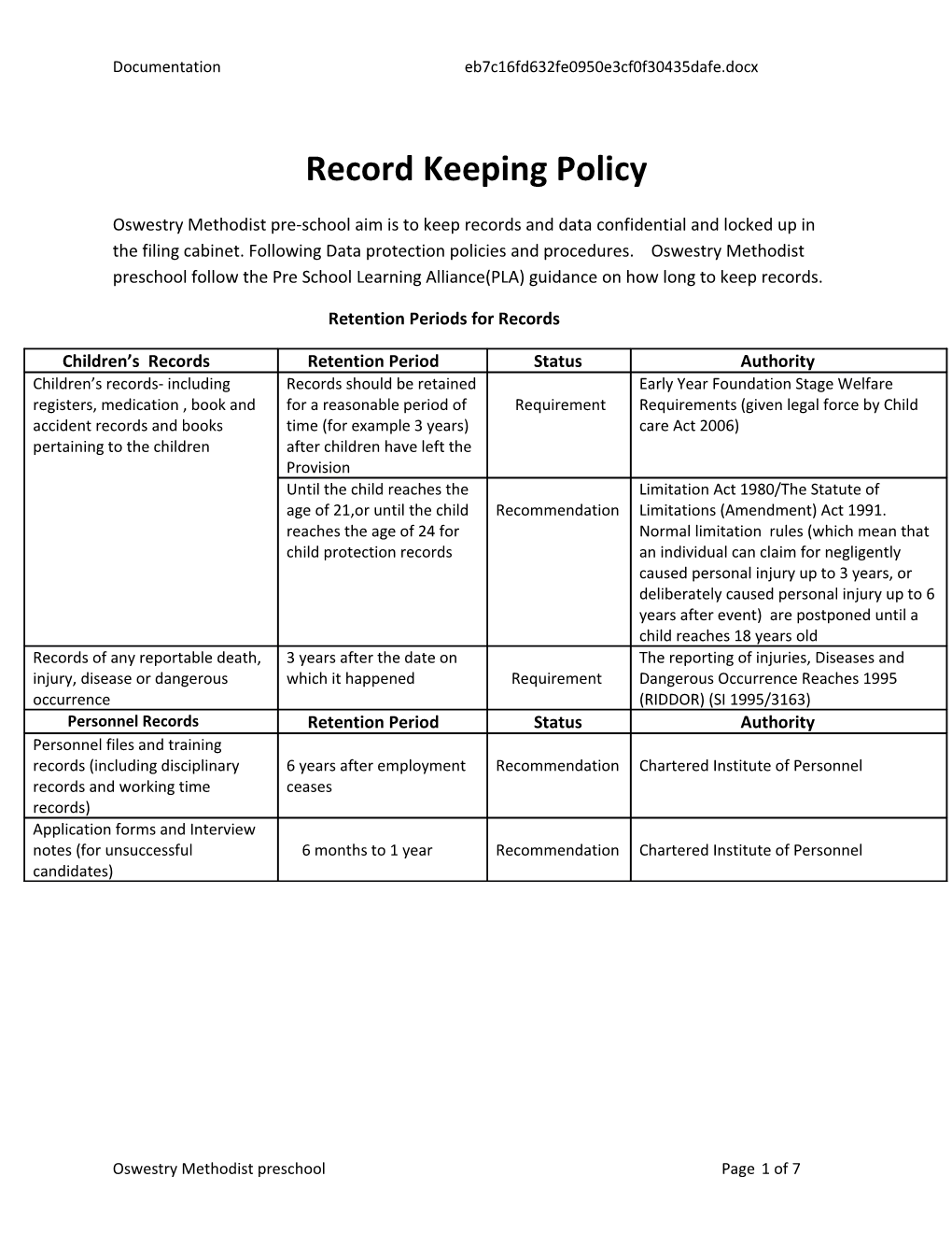 Record Keeping Policy