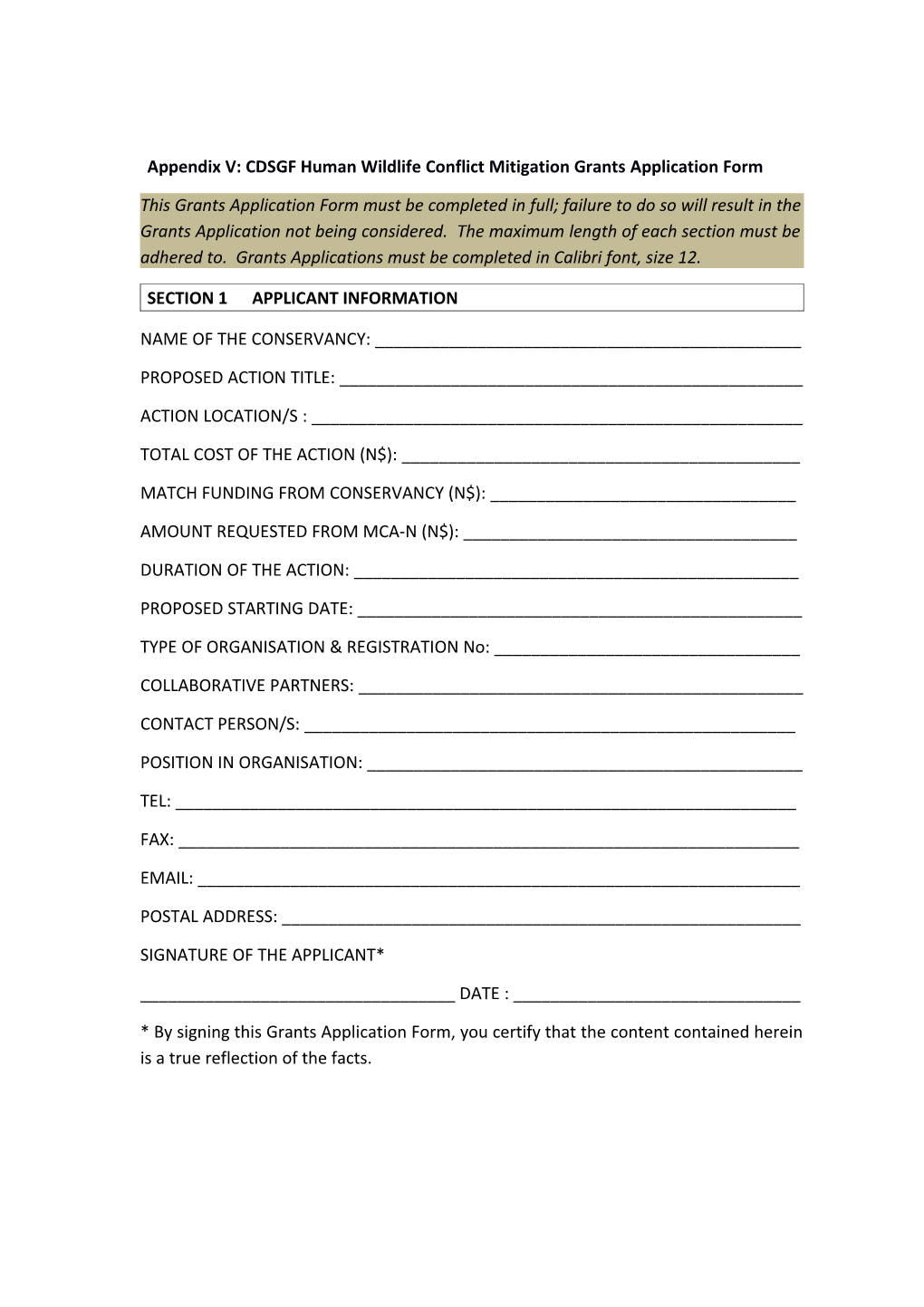 Appendix V: CDSGF Human Wildlife Conflict Mitigation Grantsapplication Form