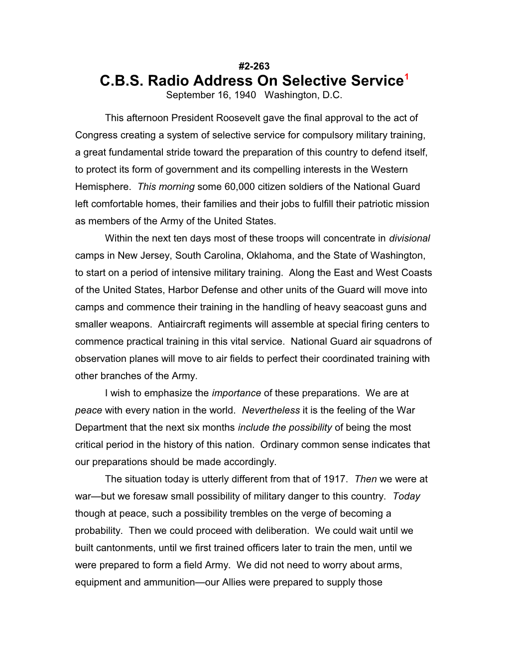 C.B.S. Radio Address on Selective Service1
