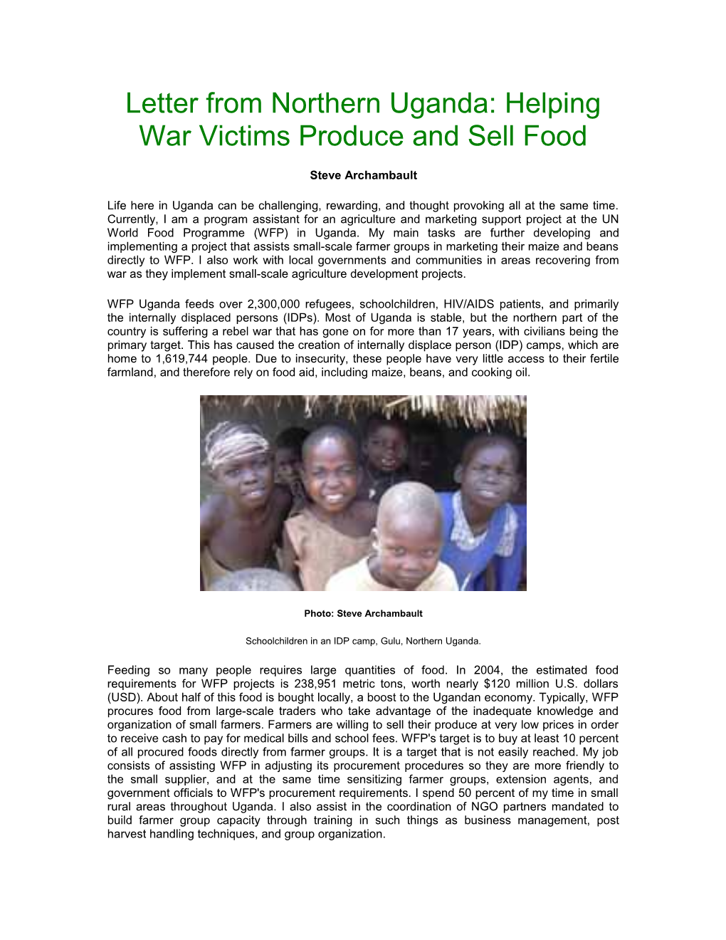 Letter from Northern Uganda: Helping War Victims Produce and Sell Food