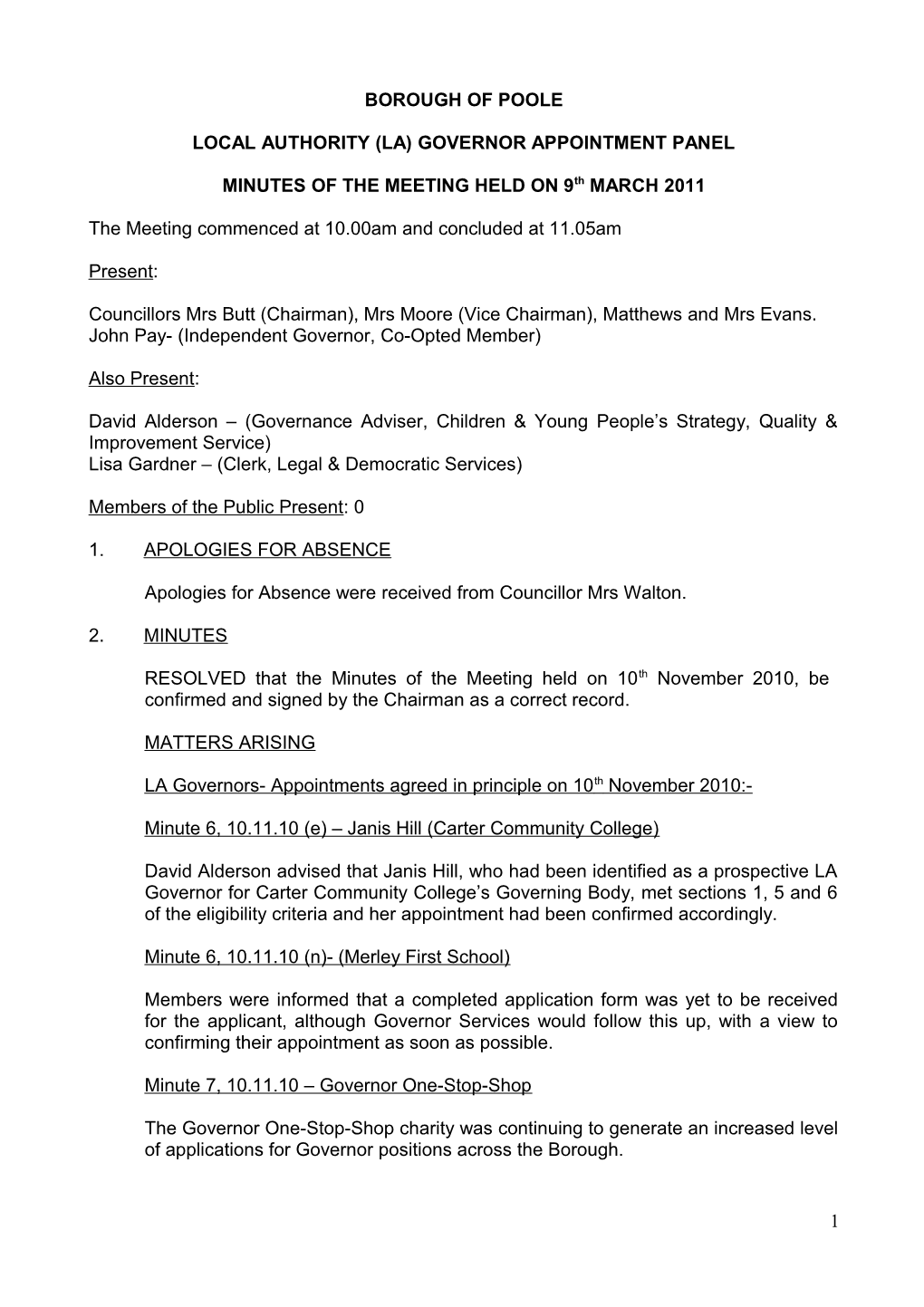 Minutes - Local Authority Governor Appointment Panel - 9 March 2011