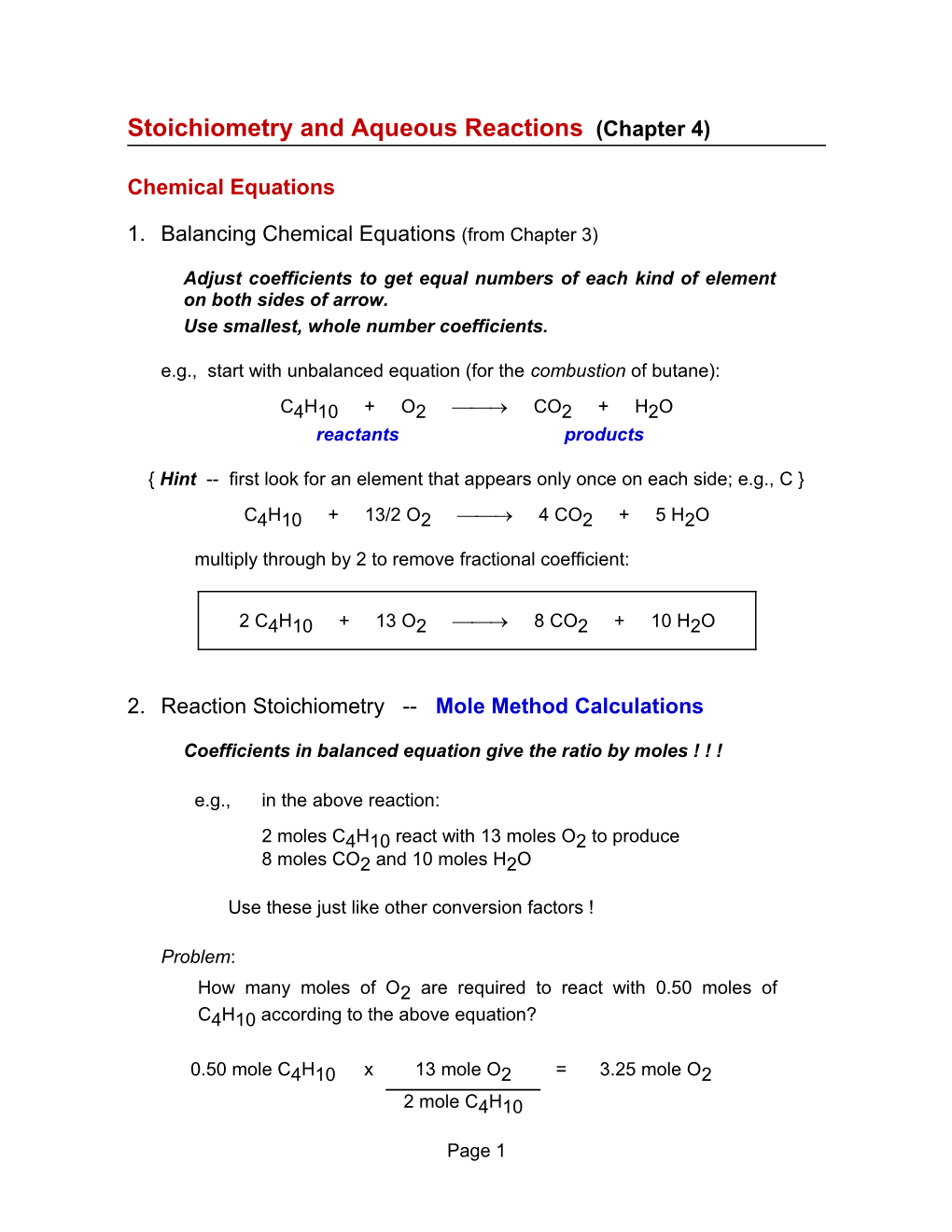 Stoichiometry and Aqueous Reactions (Chapter 4)