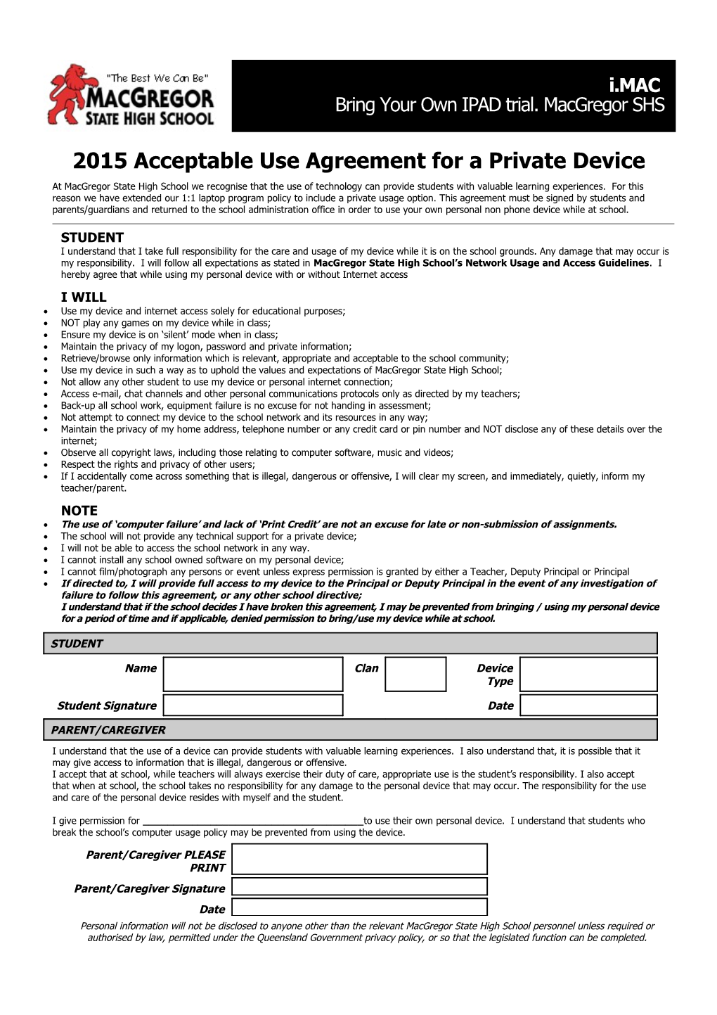 2015 Acceptable Use Agreement for a Private Device