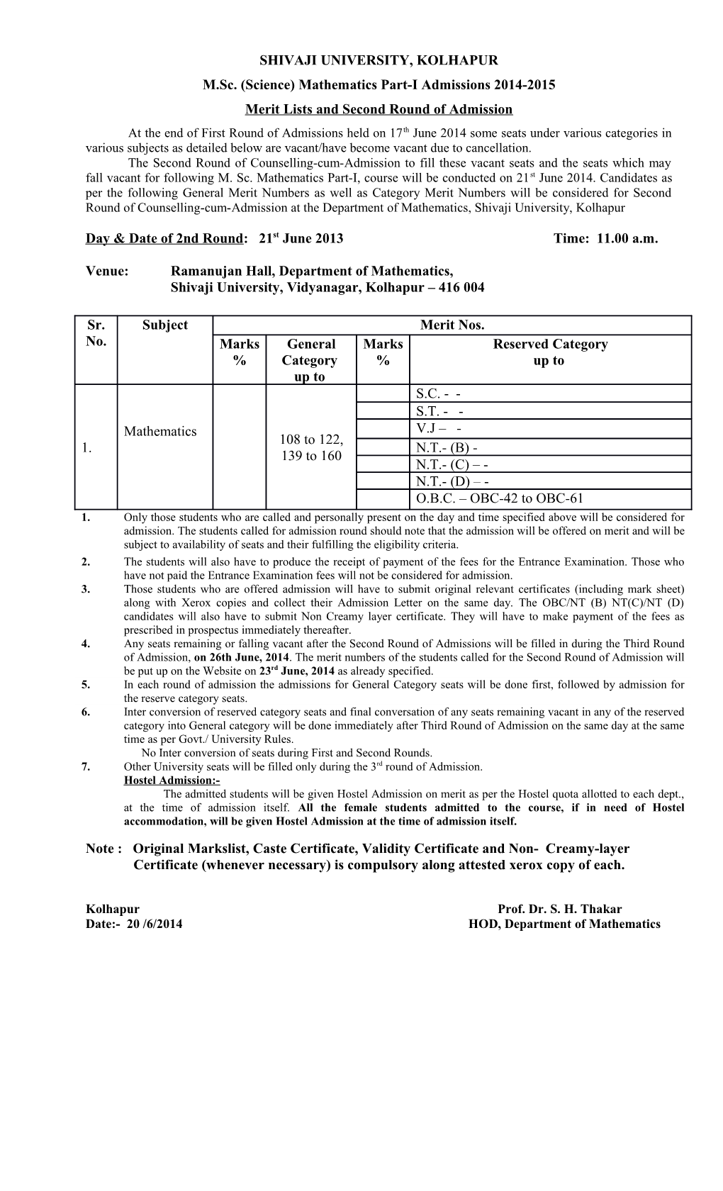 M.Sc. (Science) Mathematics Part-I Admissions 2014-2015