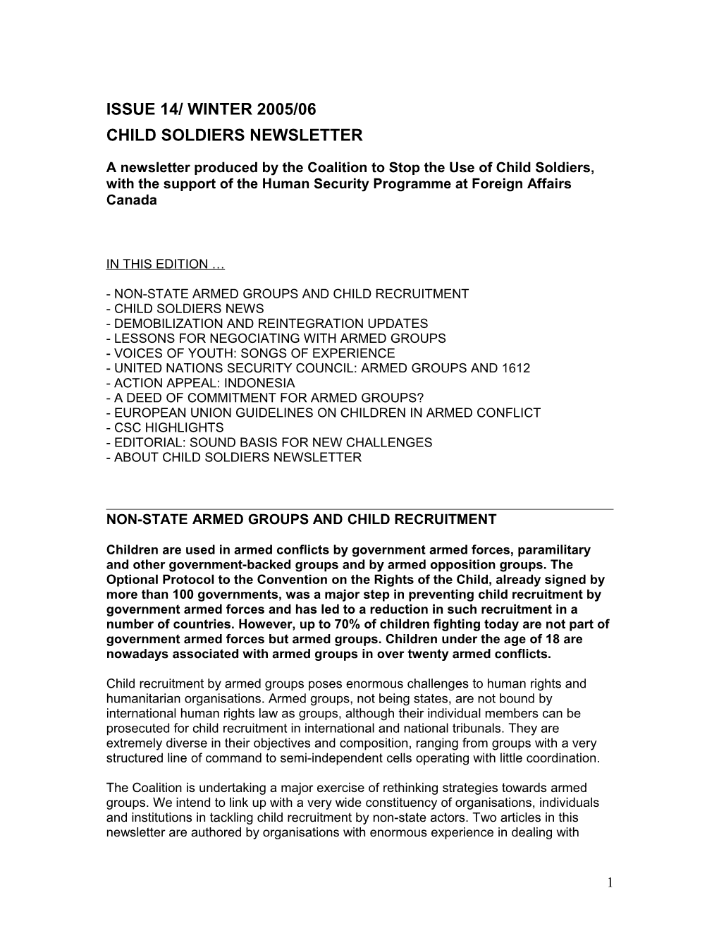 Child Soldier Newsletter Issue 14/ Winter 2005