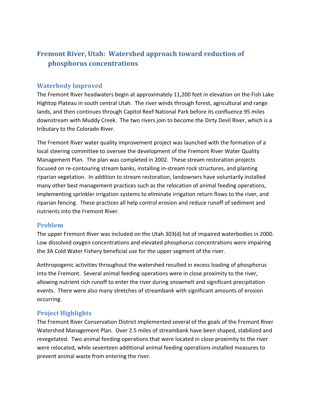 Fremont River, Utah: Watershed Approach Toward Reduction of Phosphorus Concentrations